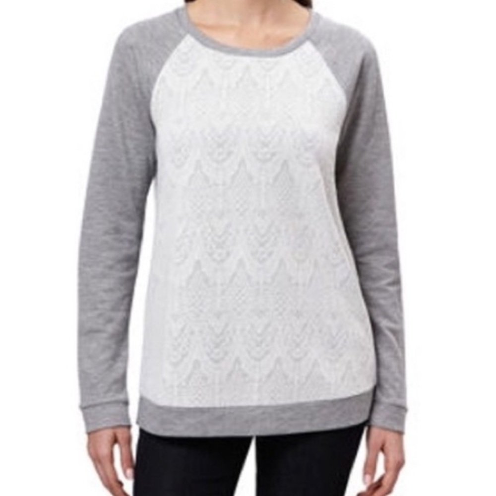 ADRIENNE VITTADINI Grey Crew Neck Sweatshirt Raglan Sleeve Lace Inset Panel